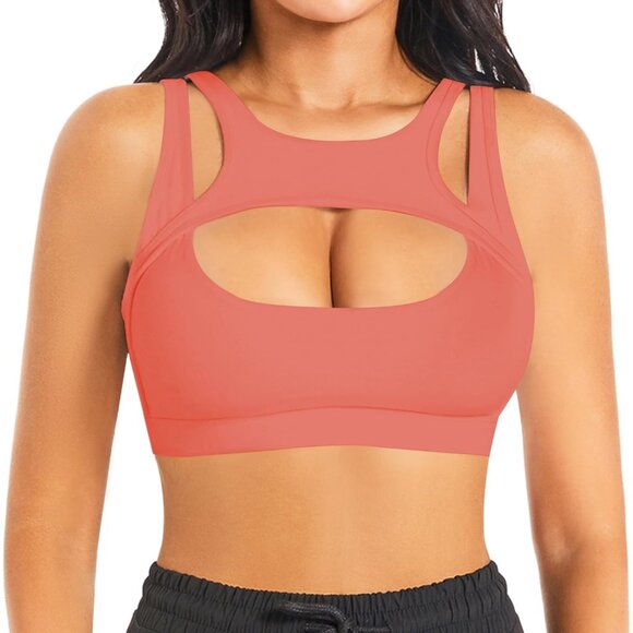 🆕Women Bright Pink Nylon Push Up Sports Bra Sexy Hollow Crop Top Medium Support - Picture 2 of 6